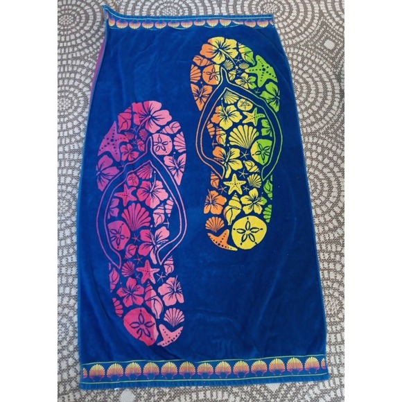 Other - Resort Living Beach Towel VTG Flip Flops VTG Cotton Thick Heavy Reversable Blue